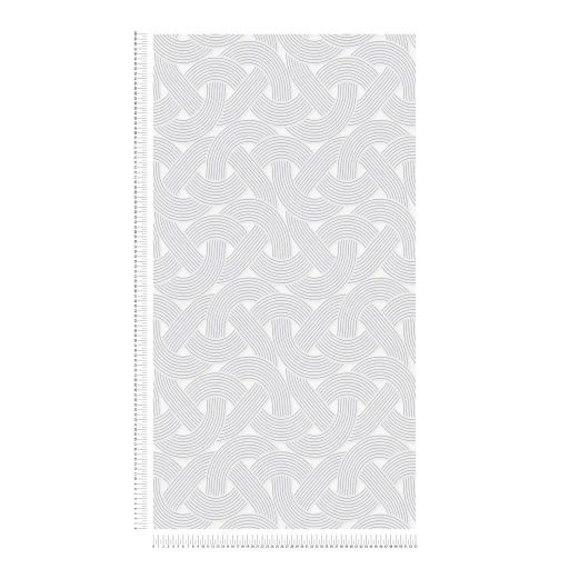 Összekuszálódott húros hangszerek vagy grafikus szalagminta Art deco jegyekkel fehér szürke és fémes ezüst tónus tapéta