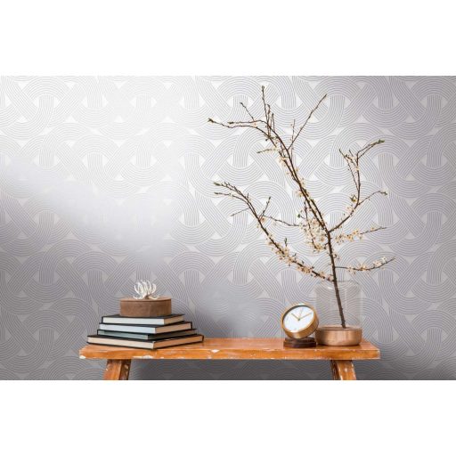 Összekuszálódott húros hangszerek vagy grafikus szalagminta Art deco jegyekkel fehér szürke és fémes ezüst tónus tapéta