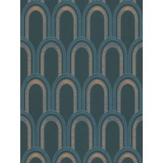   Invenciózus naprakész Art Deco díszítőminta a 30-as évek érintésével sötétkék/zöldeskék zöld és fémes arany részletek tapéta