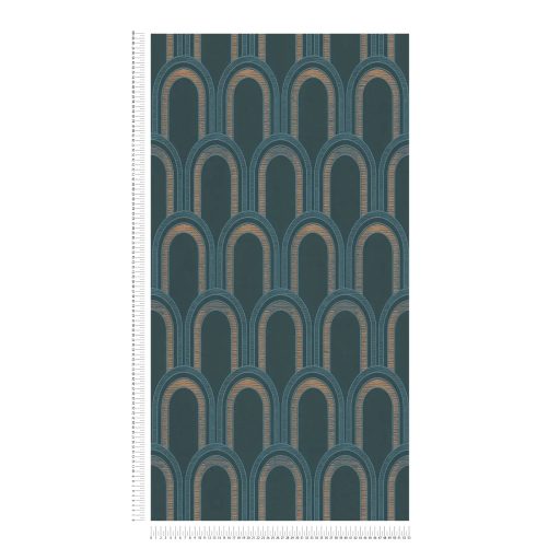 Invenciózus naprakész Art Deco díszítőminta a 30-as évek érintésével sötétkék/zöldeskék zöld és fémes arany részletek tapéta