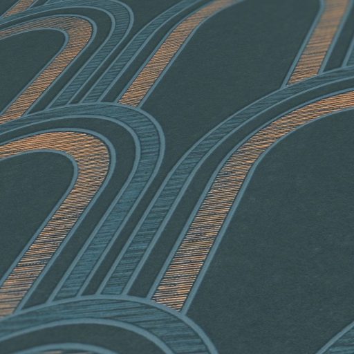 Invenciózus naprakész Art Deco díszítőminta a 30-as évek érintésével sötétkék/zöldeskék zöld és fémes arany részletek tapéta