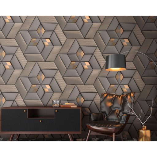 Indusztriális háromdimenziós hatású grafikai minta szürke és rézszín tónus fémes hatás falpanel