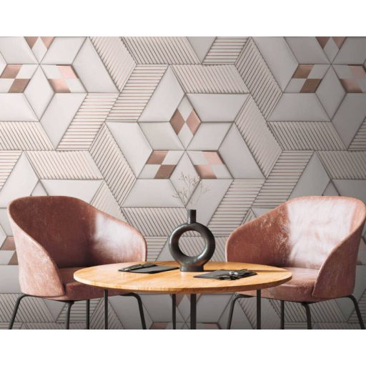 Indusztriális háromdimenziós hatású grafikai minta törtfehér és rézszín tónus fémes hatás falpanel