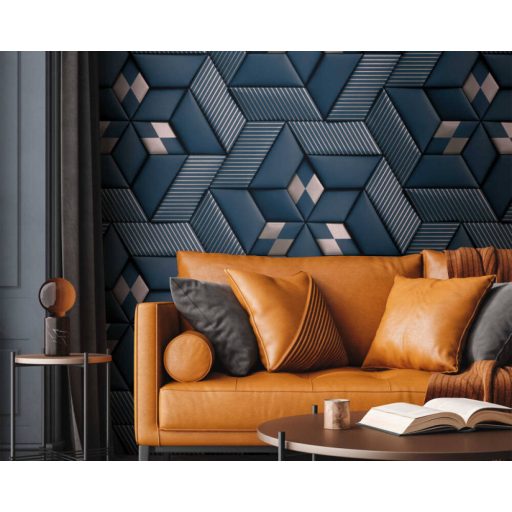 Indusztriális háromdimenziós hatású grafikai minta kék és ezüst tónus fémes hatás falpanel