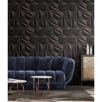   Extrém térbeli hatású absztrakt minta - ismétlődő hatszögek sötétszürke fekete és arany tónus fémes hatás falpanel