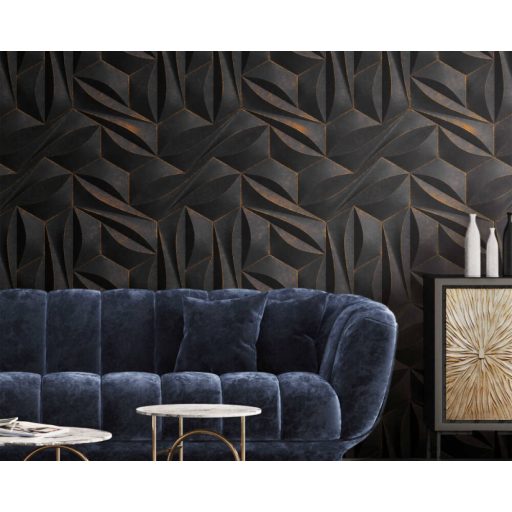 Extrém térbeli hatású absztrakt minta - ismétlődő hatszögek sötétszürke fekete és arany tónus fémes hatás falpanel