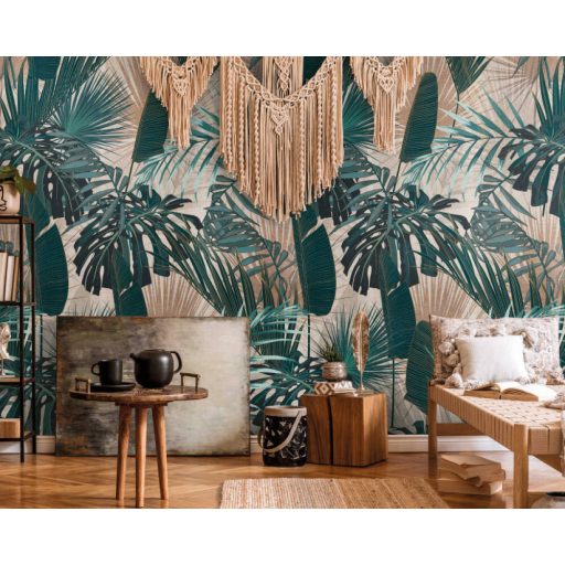 Bali szigete ihlette trópusi motívum - páfrányok levelek bézs szürke zöld és petrol tónus falpanel