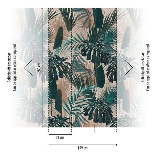 Bali szigete ihlette trópusi motívum - páfrányok levelek bézs szürke zöld és petrol tónus falpanel