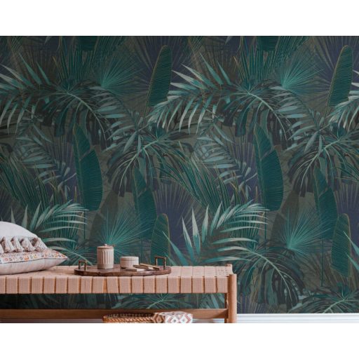 Bali szigete ihlette trópusi motívum - páfrányok levelek petrolzöld szürke és kék tónus falpanel