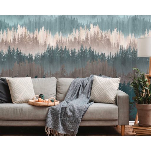 Pazar természeti kép - ködös fenyőerdő különböző szintjei és színei bézs zöld kék és barna tónus falpanel