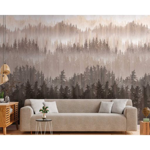 Pazar természeti kép - ködös fenyőerdő különböző szintjei és színei krém bézs és barna tónus falpanel