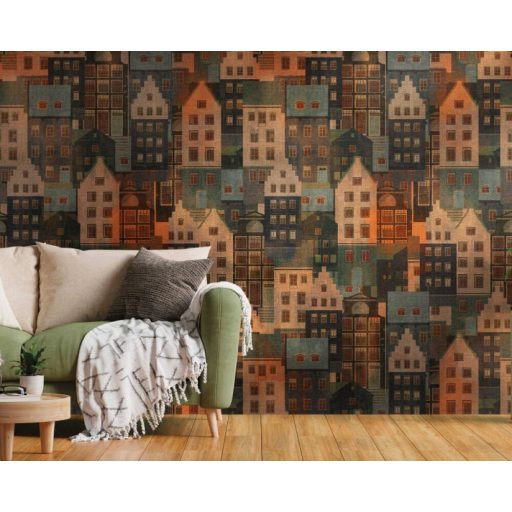 Skandináv város sűrűn beépített jellegzetes házakkal bézs barna kék fekete és vörös tónus falpanel