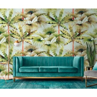   Pálmafák és páfrányfenyők egzotikus mintája szürkésfehér zöld kék és barna tónus falpanel