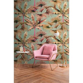   Pálmafák és páfrányfenyők egzotikus mintája kék bézs rózsaszín pink és zöld tónus falpanel
