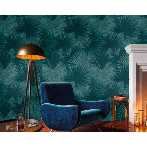 Nagyméretű sűrűn nőtt páfrányok mintája petrol és kék tónus falpanel