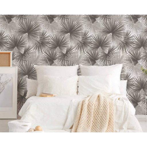 Nagyméretű sűrűn nőtt páfrányok mintája szürkésfehér szürke és bézs tónus falpanel