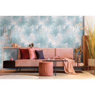   Nagyméretű sűrűn nőtt páfrányok mintája fehér kék és rózsaszín pasztell tónusok falpanel