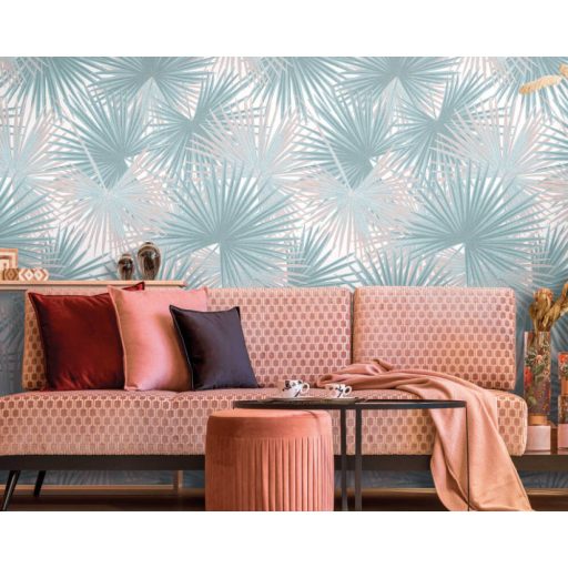 Nagyméretű sűrűn nőtt páfrányok mintája fehér kék és rózsaszín pasztell tónusok falpanel