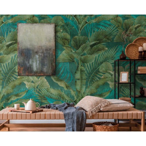 Trópusi levél és növénymotívum petrol kék és zöld tónus falpanel