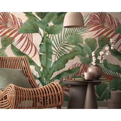 Trópusi levél és növénymotívum bézs szürkésbézs zöld és piros/vörös tónus falpanel