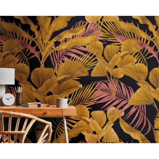 Trópusi levél és növénymotívum fekete arany és rózsaszín tónus falpanel