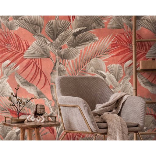 Trópusi levél és növénymotívum rózsaszín bézs szürke és piros/vörös tónus falpanel