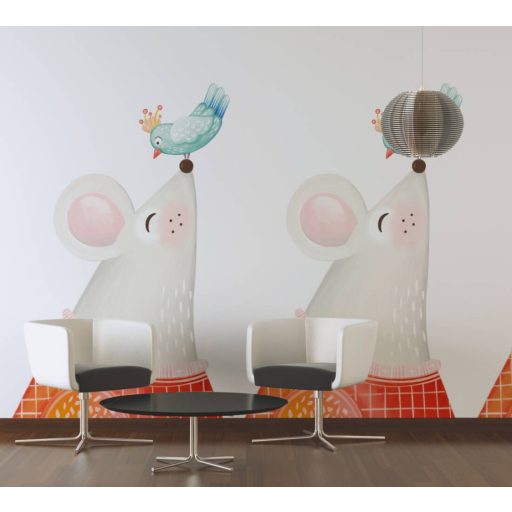 Játékos "óriás" egér csibével szürkésfehér szürke kék szines gyerekszobai falpanel