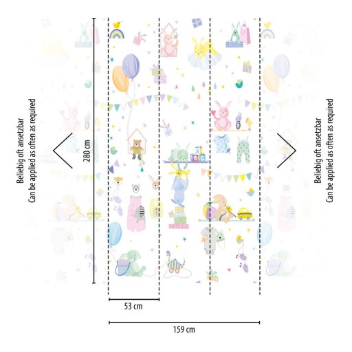 Vidám állatsereglet játékos hangulatban fehér kék rózsaszín szines falpanel