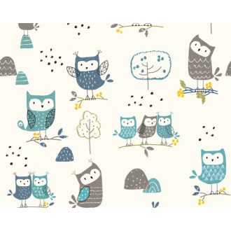   Gyerekszobai bagoly motívum fehér szürke kék szines falpanel