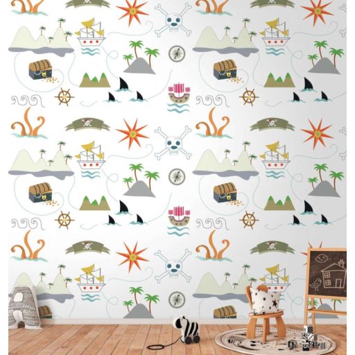 Kalandos tengeri út a Kincses szigethez fehér kék narancs szines gyerekszobai falpanel