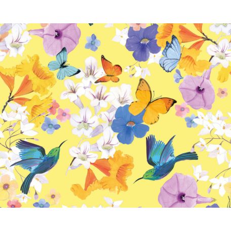 Madarak és pillangók találkozóhelye szines virágok között sárga narancs kék és szines falpanel