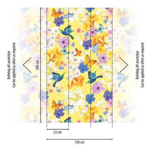 Madarak és pillangók találkozóhelye szines virágok között sárga narancs kék és szines falpanel