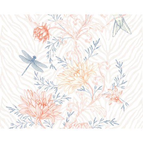 Virágkompozíció madarakkal és pillangókkal fehér szürke kék és naracs/piros tónus falpanel