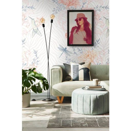 Virágkompozíció madarakkal és pillangókkal fehér szürke kék és naracs/piros tónus falpanel