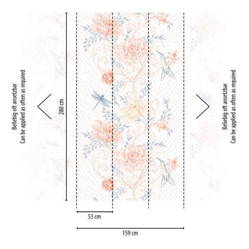 Virágkompozíció madarakkal és pillangókkal fehér szürke kék és naracs/piros tónus falpanel