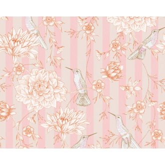   Romantikus és költői virágok madarakkal csíkos háttéren törtfehér rózsaszín és naracs tónus falpanel
