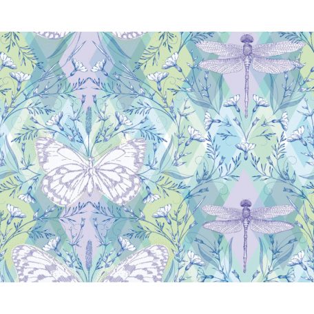 Felnagyított pillangók és szitakötők a virágoázisban fehér kék és lila tónus falpanel