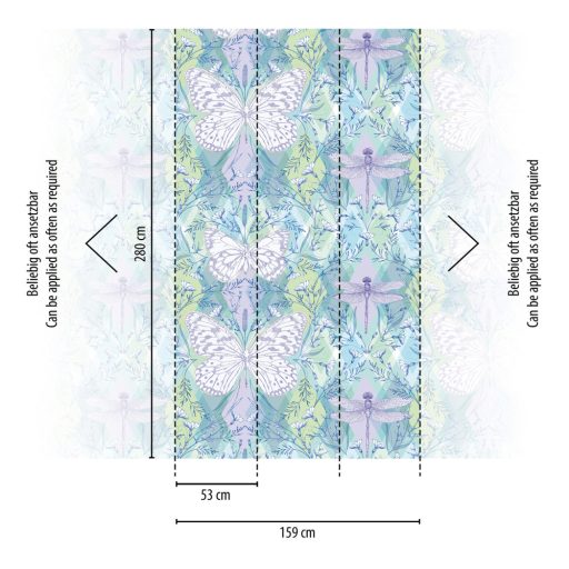Felnagyított pillangók és szitakötők a virágoázisban fehér kék és lila tónus falpanel