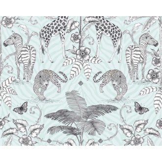   Szavannai állatok - zsiráf zebra leopárd - a tropikáriumban fehér zöld kékeszöld szürke és fekete tónus falpanel