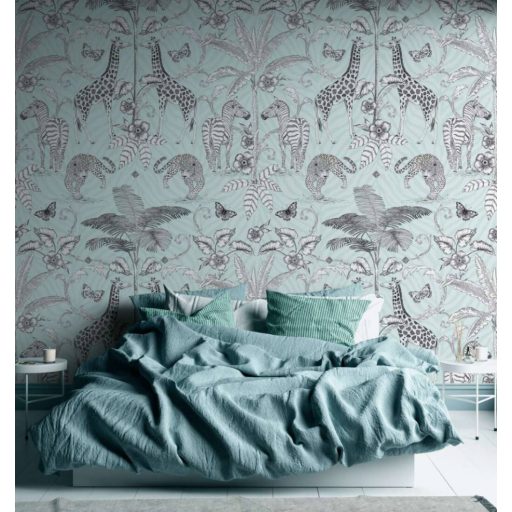 Szavannai állatok - zsiráf zebra leopárd - a tropikáriumban fehér zöld kékeszöld szürke és fekete tónus falpanel