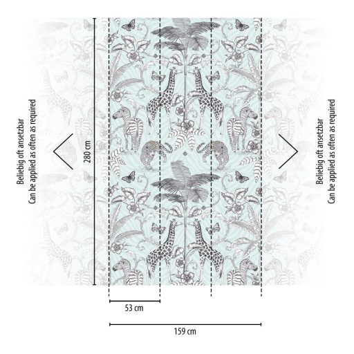 Szavannai állatok - zsiráf zebra leopárd - a tropikáriumban fehér zöld kékeszöld szürke és fekete tónus falpanel