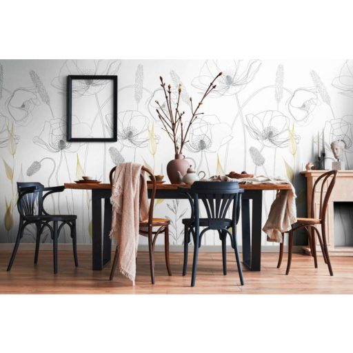 Leheletfinom grafikus virágábrázolás fehér szürke fekete és sárga tónus falpanel