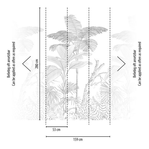 Trópusi növények grafikus monokróm mintája fehér szürke és fekete tónus falpanel