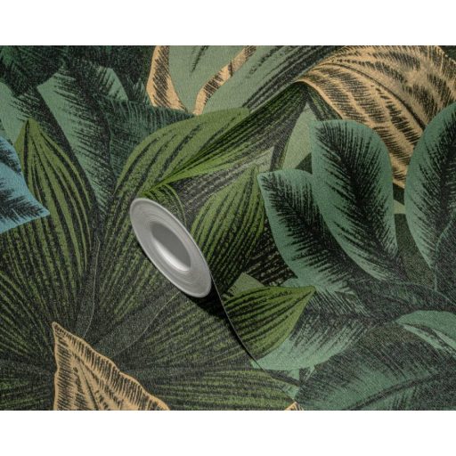 Az egzotikum génjeiben - Nagyméretű trópusi levélminta zöld kék sárga és fekete tónus tapéta