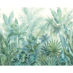   Változatos trópusi levelek párában felsejlő pálmákkal fehér kék és zöld tónus falpanel