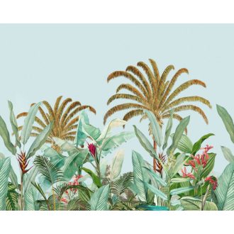   "Romantikus" trópusi csendélet pálmákkal nagy levelekkel világoskék zöld szines falpanel