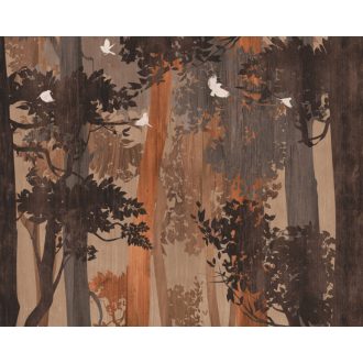   Őszi erdei motívum szines fákkal és madarakkal bézs barna és narancs tónus falpanel