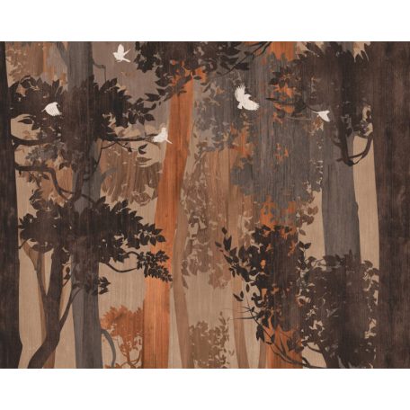 Őszi erdei motívum szines fákkal és madarakkal bézs barna és narancs tónus falpanel