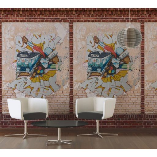 Graffitivel "díszített" kopott téglafal Street Art stílusban bézs barna vörös szines falpanel