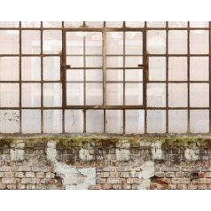   Abszolút Ipari! Elhagyott gyárcsarnok - mohásodó téglafal nagy ablakokkal krém bézs barna vörös és zöld tónus falpanel